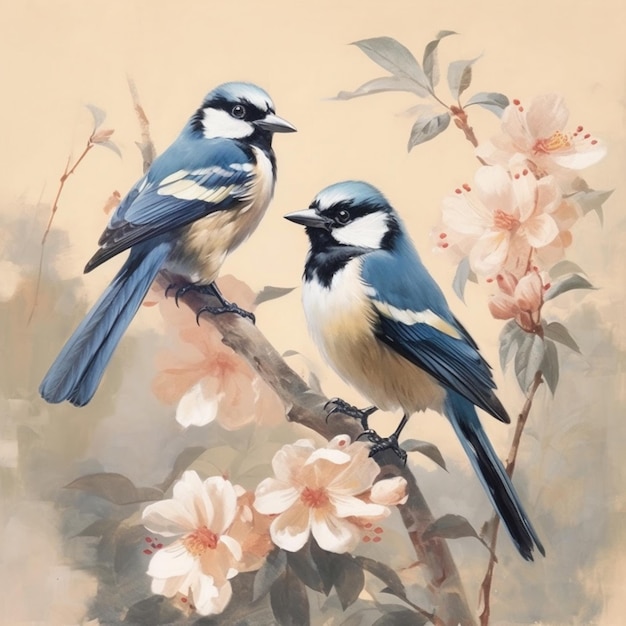 Painting of two birds sitting on a branch of a tree generative ai