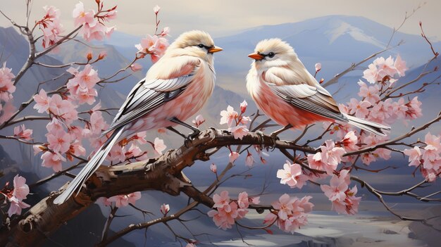 painting of two birds sitting on a branch of a tree with pink flowers generative ai