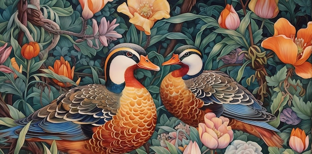 A painting of two birds with a background of flowers.