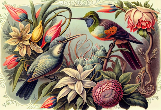 A painting of two birds with a flower in the background.