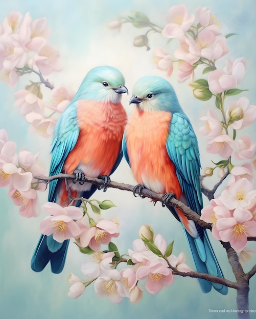 A painting of two birds with pink wings