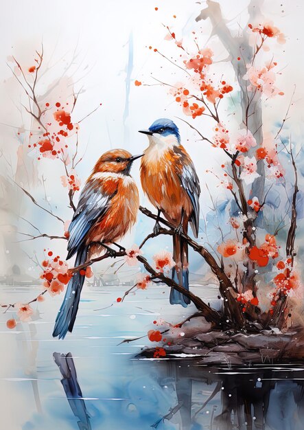 a painting of two birds with the words  love  on the bottom