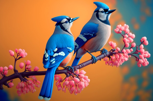 A painting of two blue birds on a branch with pink flowers.