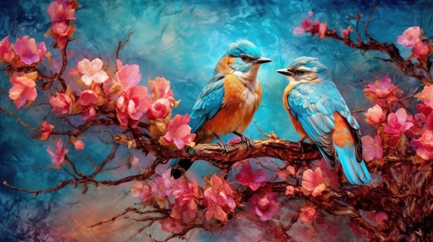 A painting of two blue birds on a branch with pink flowers.