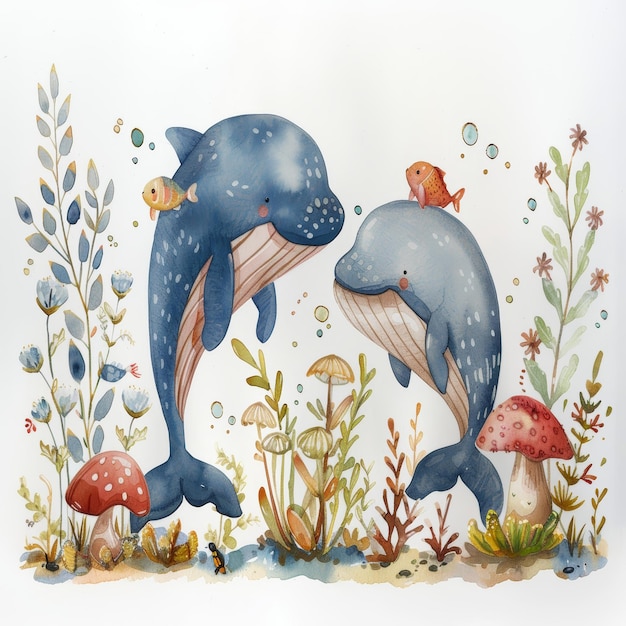 a painting of two blue whales and a fish with a couple of birds on it