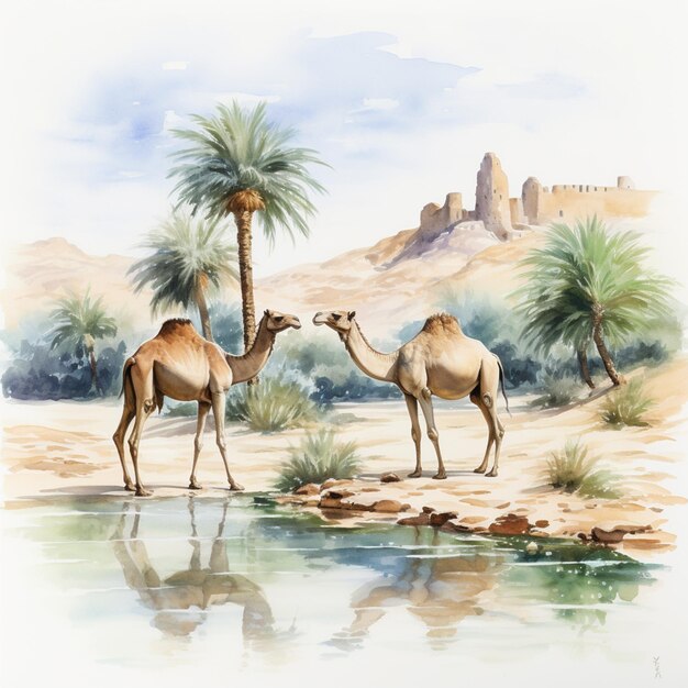 Photo painting of two camels standing near a body of water generative ai