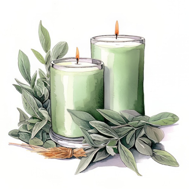 A painting of two candles with green leaves and a green candle.