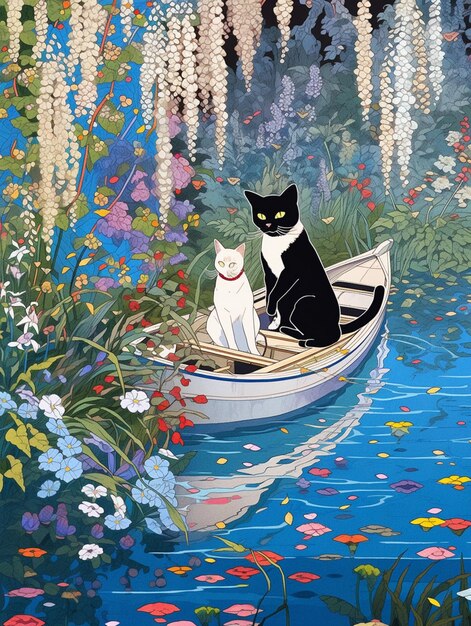 Painting of two cats in a boat on a lake surrounded by flowers generative ai