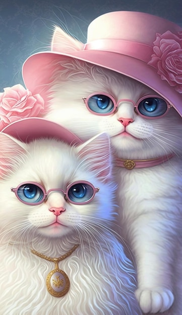 Painting of two cats in hats and glasses on a blue background generative ai