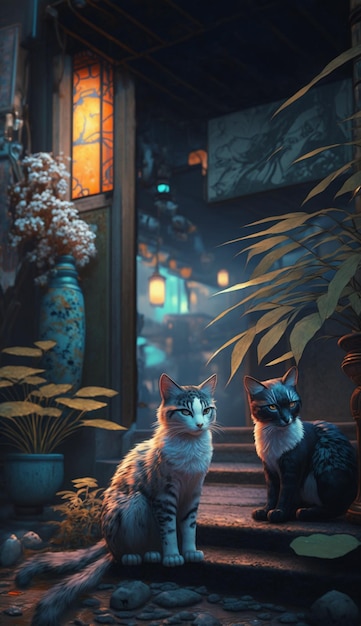 A painting of two cats on a porch.