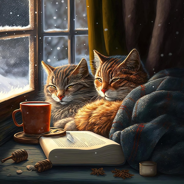 A painting of two cats reading a book next to a book.