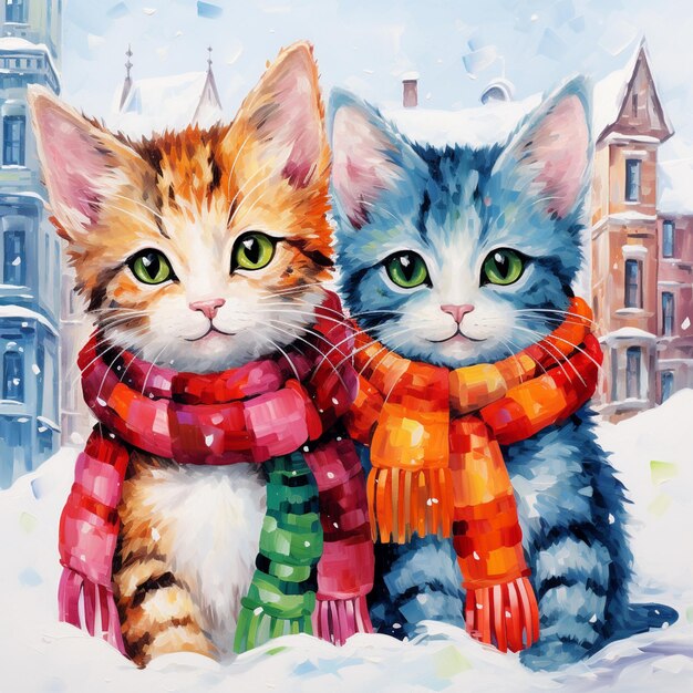 painting of two cats in scarfs in the snow with buildings in the background generative ai