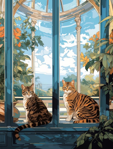 A painting of two cats sitting on a window sill with a blue background.