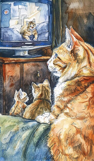 a painting of two cats and a tv with one being called two