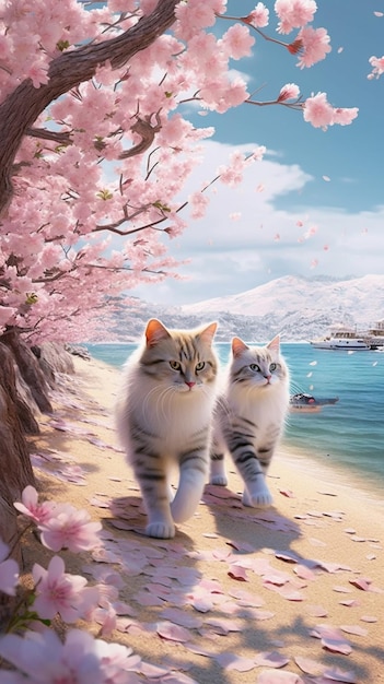 ピンクの花が咲くビーチを歩く2匹の猫の絵。