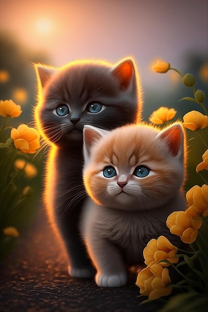 A painting of two cats with blue eyes in a field of flowers.