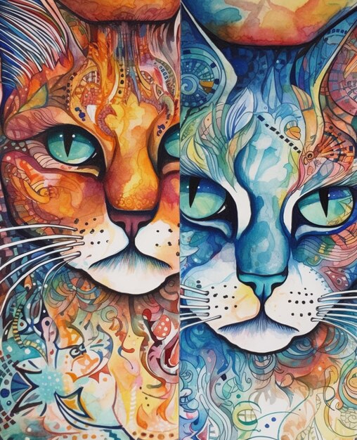 Painting of two cats with different colored eyes and patterns generative ai