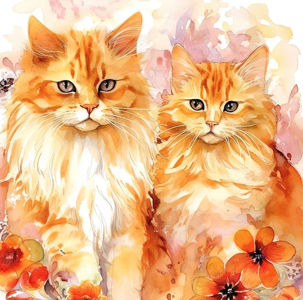 背景に花を持つ2匹の猫の絵。