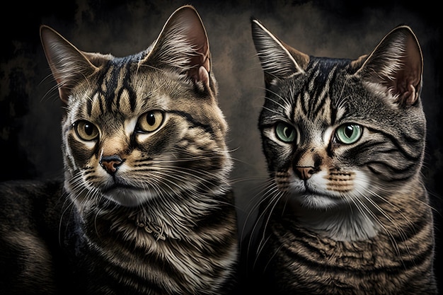 A painting of two cats with green eyes.