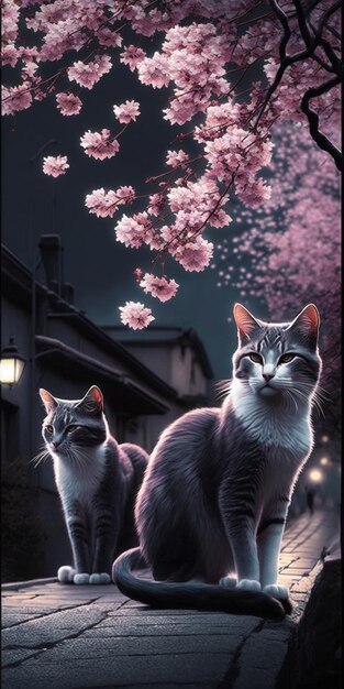 A painting of two cats with pink flowers on the front.