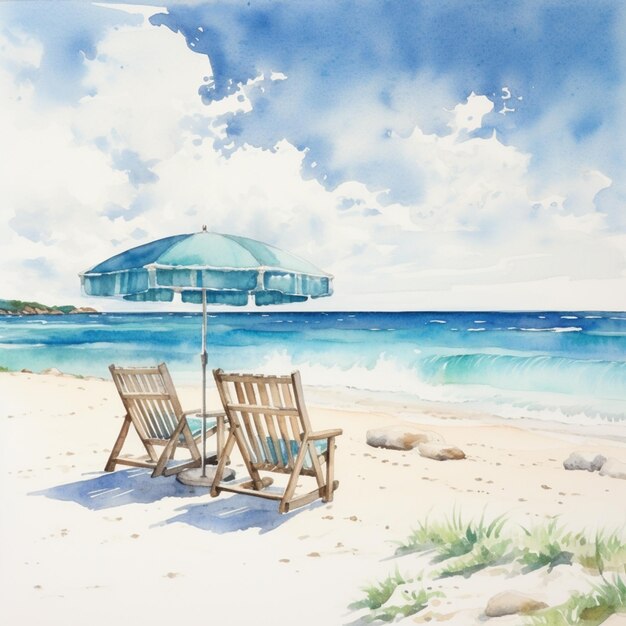 Photo painting of two chairs and an umbrella on a beach near the ocean generative ai