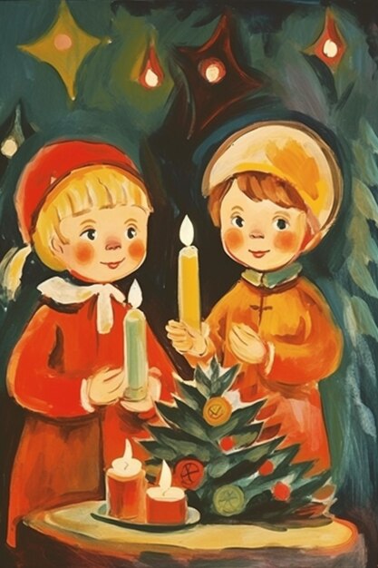 Painting of two children lighting candles in front of a christmas tree generative ai