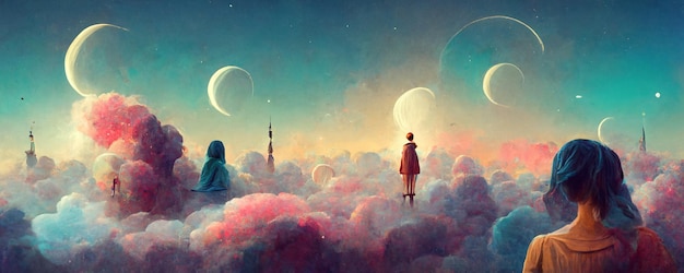 A painting of two children looking at the sky