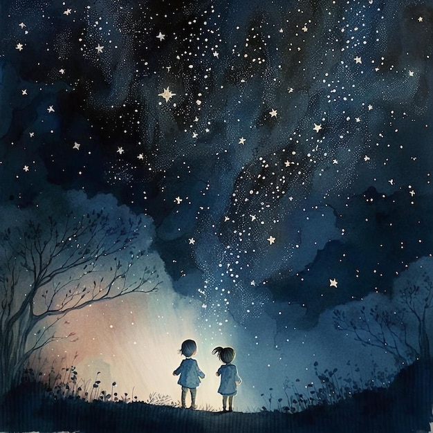 Premium Photo | A painting of two children looking at the stars in the sky.