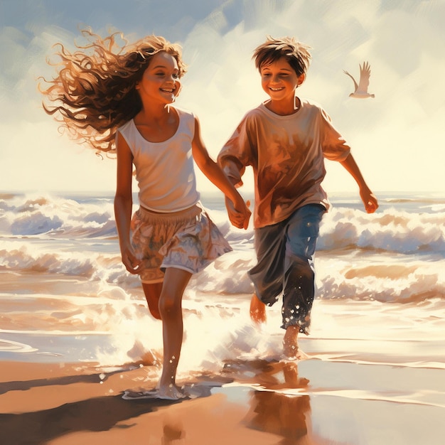 Painting Of Two Children Running On The Beach With A Bird Flying Overhead