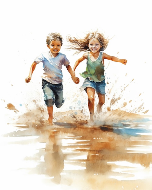 Painting of two children running in the water on a beach generative ai