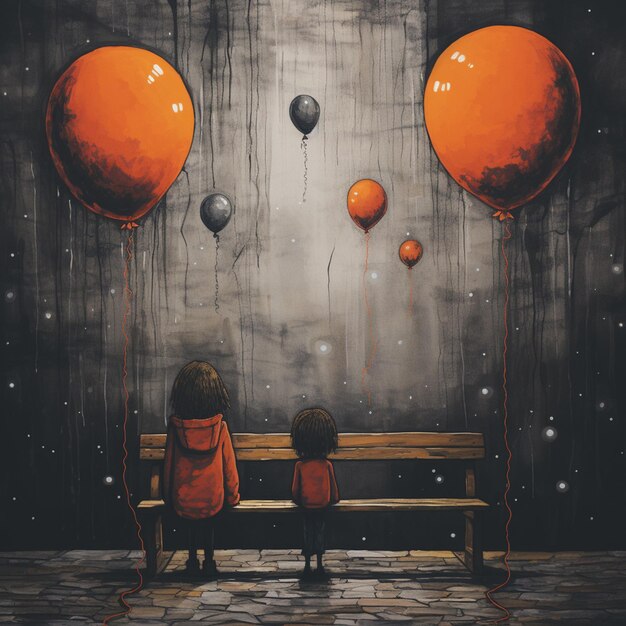 painting of two children sitting on a bench looking at balloons generative ai