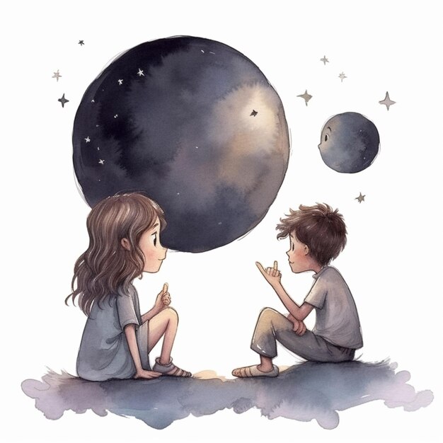 A painting of two children sitting on the ground looking at the moon generative ai