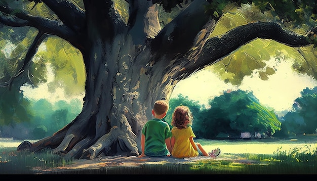 Картина с изображением двух детей, сидящих под деревом.