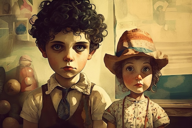 A painting of two children with curly hair and a hat.