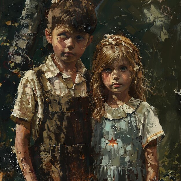 a painting of two children with a girl and the word quot the quot i love you quot