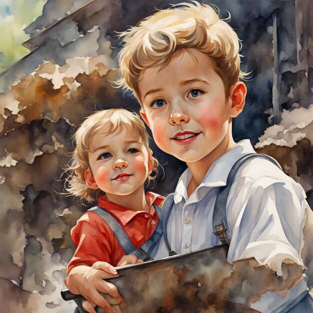 a painting of two children with a sign that says the boy is holding a sign that says the word