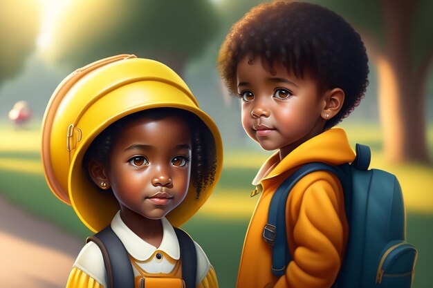 A painting of two children with yellow hats and a yellow hat