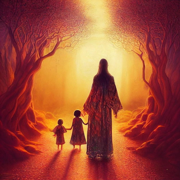 A painting of two children and a woman walking down a path with the sun shining on them.