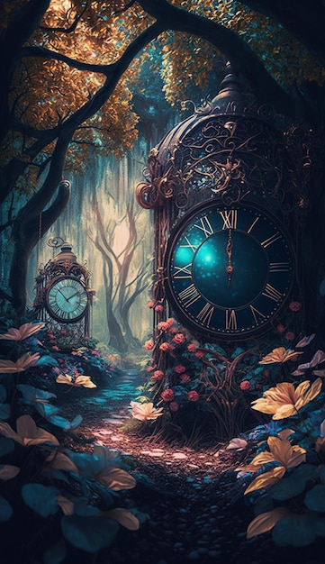 A painting of two clocks with the time of 12 : 30.