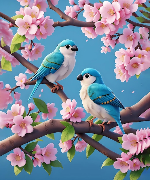 A painting of two cute birds seating on a branch with pink flowers AI Generated