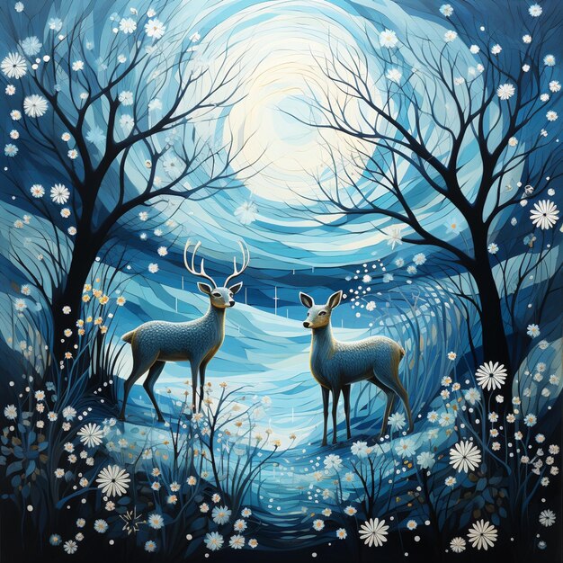 painting of two deer in a snowy landscape with a full moon generative ai