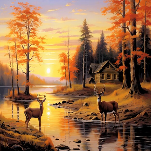 painting of two deer standing in a river with a cabin in the background generative ai