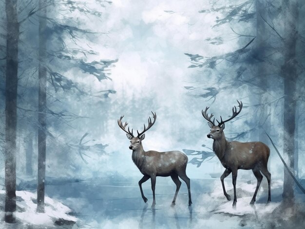 A painting of two deers in a snowy scene.