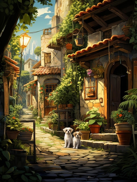 painting of two dogs in a courtyard with a building in the background generative ai