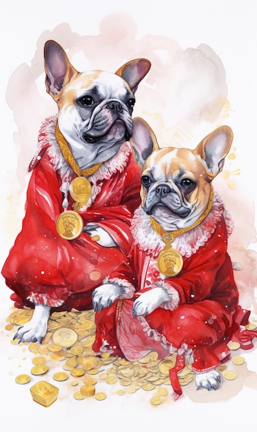 Foto dipinto di due cani vestiti di rosso seduti su una pila di monete d'oro ai generative