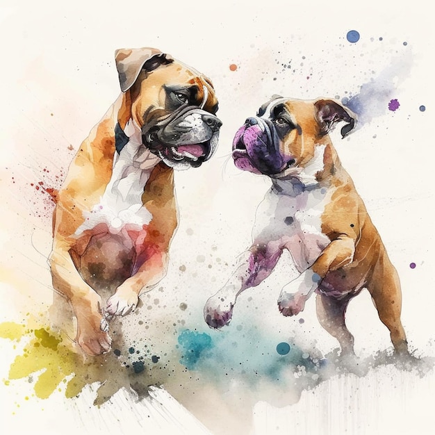 painting of two dogs playing with a ball in a watercolor generative ai