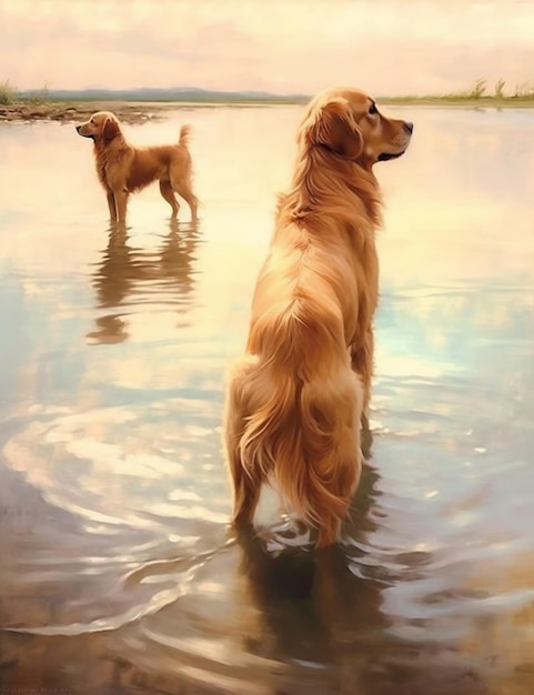 Painting of two dogs standing in shallow water on a sunny day generative ai