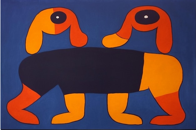 A painting of two dogs with one of them facing the other.