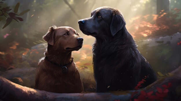 A painting of two dogs in the woods