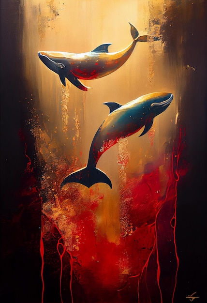 A painting of two dolphins jumping in the air.